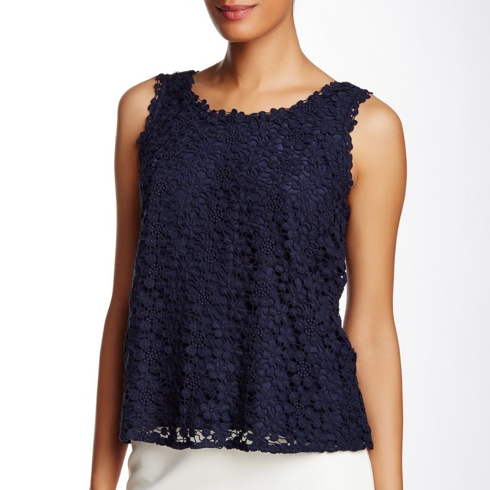 Catherine Malandrino New Crochet LACE Tank Top Blouse Cotton Back Zip NAVY Sexy!